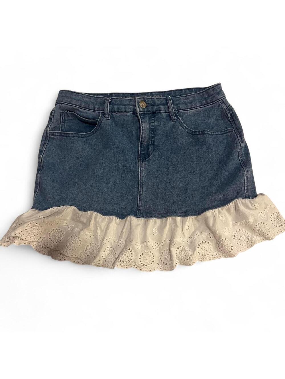 Rare Y2K Paris Hilton Denim Mini Skirt with White Eyelet Lace Ruffle, Size L